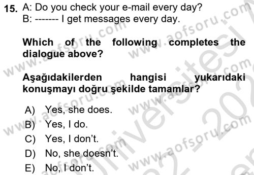 Ingilizce 1 Dersi 2022 - 2023 Yılı (Final) Dönem Sonu Sınavı 15. Soru