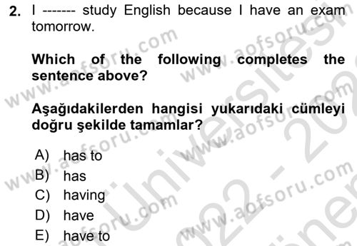 Ingilizce 1 Dersi 2022 - 2023 Yılı (Final) Dönem Sonu Sınavı 2. Soru