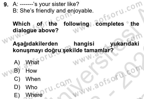 Ingilizce 1 Dersi 2022 - 2023 Yılı (Final) Dönem Sonu Sınavı 9. Soru