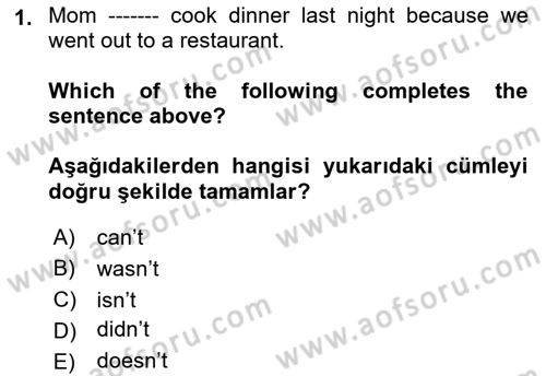 Ingilizce 1 Dersi 2022 - 2023 Yılı Yaz Okulu Sınav Soruları 1. Soru