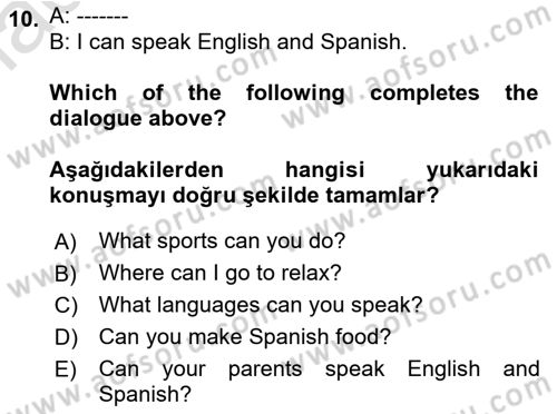 Ingilizce 1 Dersi 2022 - 2023 Yılı Yaz Okulu Sınav Soruları 10. Soru