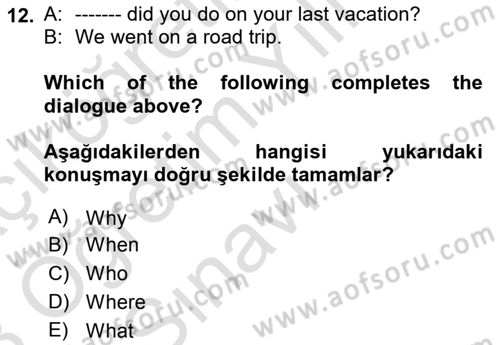 Ingilizce 1 Dersi 2022 - 2023 Yılı Yaz Okulu Sınav Soruları 12. Soru