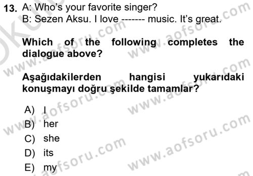 Ingilizce 1 Dersi 2022 - 2023 Yılı Yaz Okulu Sınav Soruları 13. Soru
