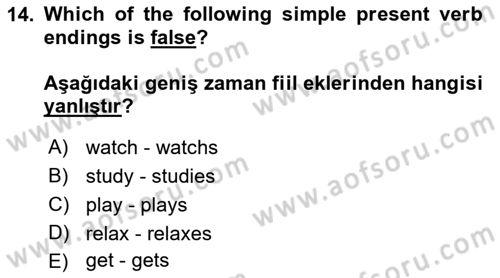 Ingilizce 1 Dersi 2022 - 2023 Yılı Yaz Okulu Sınav Soruları 14. Soru