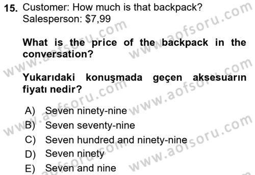 Ingilizce 1 Dersi 2022 - 2023 Yılı Yaz Okulu Sınav Soruları 15. Soru