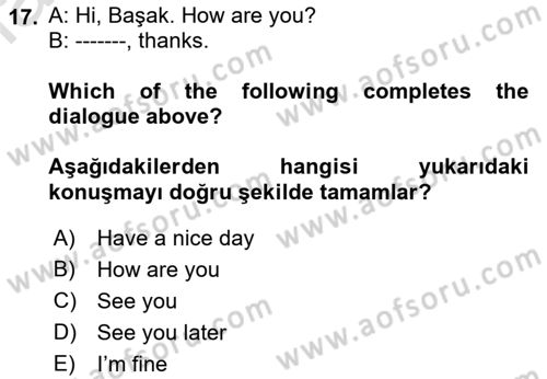 Ingilizce 1 Dersi 2022 - 2023 Yılı Yaz Okulu Sınav Soruları 17. Soru