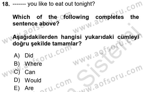 Ingilizce 1 Dersi 2022 - 2023 Yılı Yaz Okulu Sınav Soruları 18. Soru