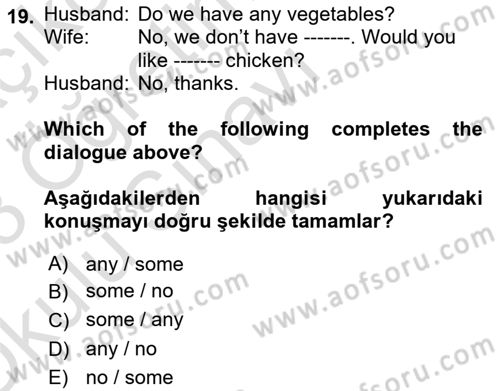 Ingilizce 1 Dersi 2022 - 2023 Yılı Yaz Okulu Sınav Soruları 19. Soru
