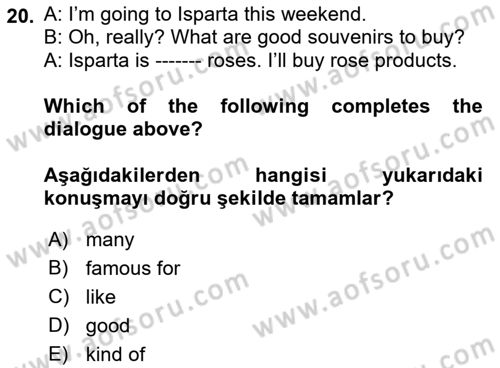 Ingilizce 1 Dersi 2022 - 2023 Yılı Yaz Okulu Sınav Soruları 20. Soru