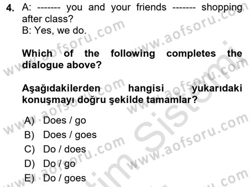 Ingilizce 1 Dersi 2022 - 2023 Yılı Yaz Okulu Sınav Soruları 4. Soru
