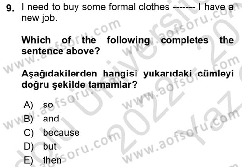 Ingilizce 1 Dersi 2022 - 2023 Yılı Yaz Okulu Sınav Soruları 9. Soru
