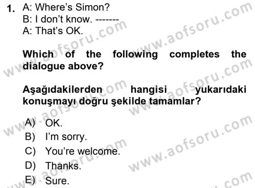 Ingilizce 1 Dersi 2023 - 2024 Yılı (Vize) Ara Sınav Soruları 1. Soru