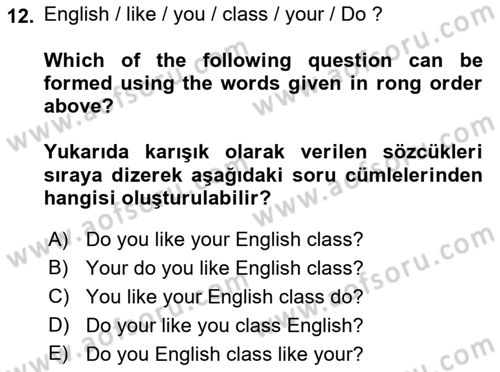 Ingilizce 1 Dersi 2023 - 2024 Yılı (Vize) Ara Sınav Soruları 12. Soru