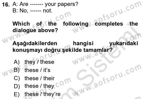 Ingilizce 1 Dersi 2023 - 2024 Yılı (Vize) Ara Sınav Soruları 16. Soru