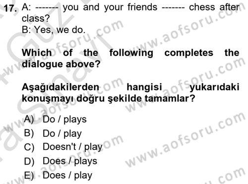 Ingilizce 1 Dersi 2023 - 2024 Yılı (Vize) Ara Sınav Soruları 17. Soru