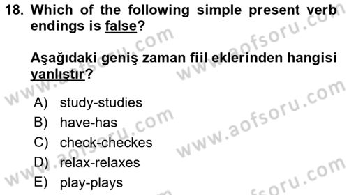 Ingilizce 1 Dersi 2023 - 2024 Yılı (Vize) Ara Sınav Soruları 18. Soru