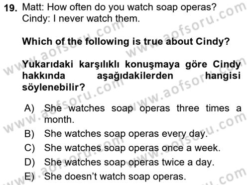 Ingilizce 1 Dersi 2023 - 2024 Yılı (Vize) Ara Sınav Soruları 19. Soru
