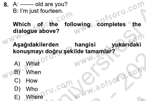 Ingilizce 1 Dersi 2023 - 2024 Yılı (Vize) Ara Sınav Soruları 8. Soru