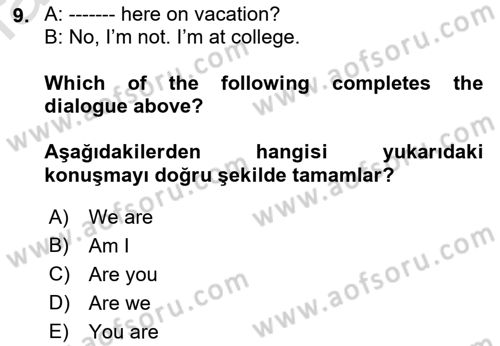 Ingilizce 1 Dersi 2023 - 2024 Yılı (Vize) Ara Sınav Soruları 9. Soru