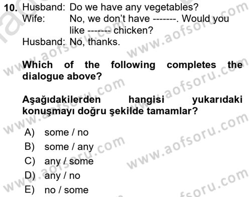 Ingilizce 1 Dersi 2023 - 2024 Yılı (Final) Dönem Sonu Sınav Soruları 10. Soru