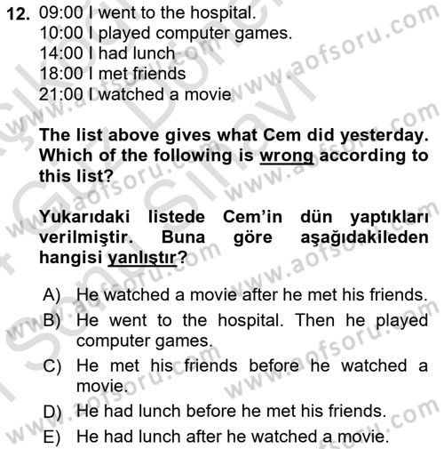 Ingilizce 1 Dersi 2023 - 2024 Yılı (Final) Dönem Sonu Sınav Soruları 12. Soru