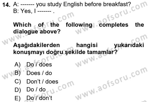 Ingilizce 1 Dersi 2023 - 2024 Yılı (Final) Dönem Sonu Sınav Soruları 14. Soru