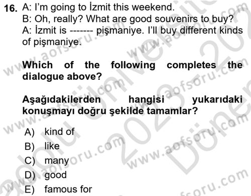 Ingilizce 1 Dersi 2023 - 2024 Yılı (Final) Dönem Sonu Sınav Soruları 16. Soru