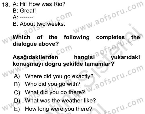 Ingilizce 1 Dersi 2023 - 2024 Yılı (Final) Dönem Sonu Sınav Soruları 18. Soru