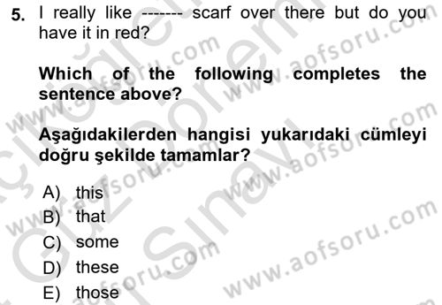 Ingilizce 1 Dersi 2023 - 2024 Yılı (Final) Dönem Sonu Sınav Soruları 5. Soru