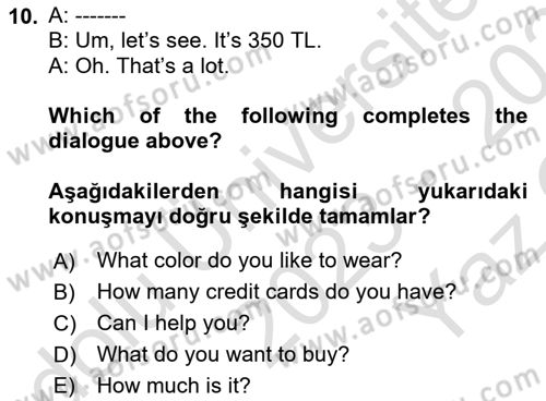 Ingilizce 1 Dersi 2023 - 2024 Yılı Yaz Okulu Sınav Soruları 10. Soru