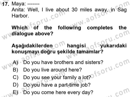 Ingilizce 1 Dersi 2023 - 2024 Yılı Yaz Okulu Sınav Soruları 17. Soru