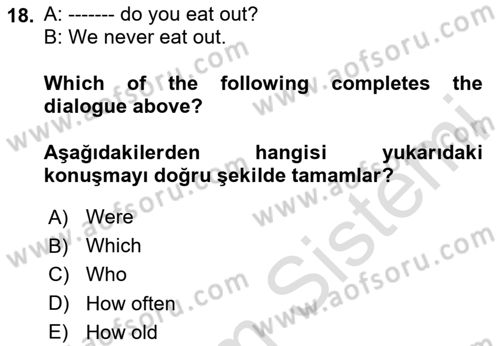 Ingilizce 1 Dersi 2023 - 2024 Yılı Yaz Okulu Sınav Soruları 18. Soru