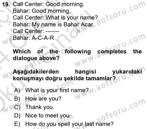 Ingilizce 1 Dersi 2023 - 2024 Yılı Yaz Okulu Sınav Soruları 19. Soru