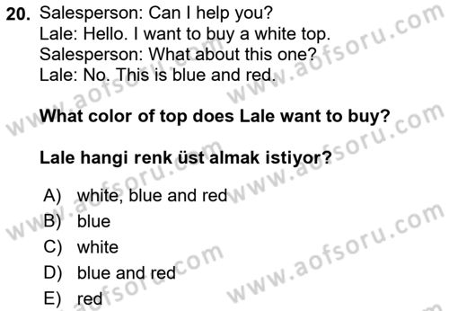 Ingilizce 1 Dersi 2023 - 2024 Yılı Yaz Okulu Sınav Soruları 20. Soru