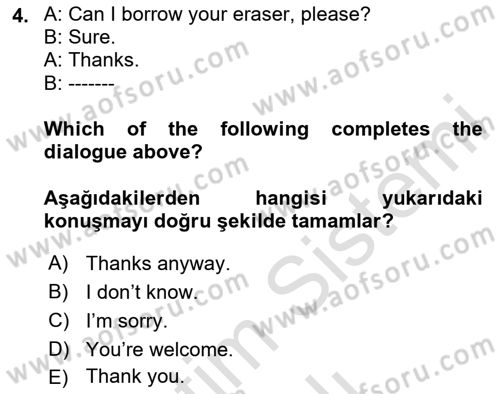 Ingilizce 1 Dersi 2023 - 2024 Yılı Yaz Okulu Sınav Soruları 4. Soru