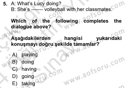 Ingilizce 1 Dersi 2023 - 2024 Yılı Yaz Okulu Sınav Soruları 5. Soru