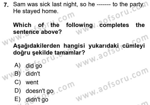 Ingilizce 1 Dersi 2023 - 2024 Yılı Yaz Okulu Sınav Soruları 7. Soru