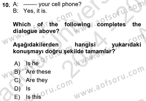 Ingilizce 1 Dersi 2024 - 2025 Yılı (Vize) Ara Sınav Soruları 10. Soru