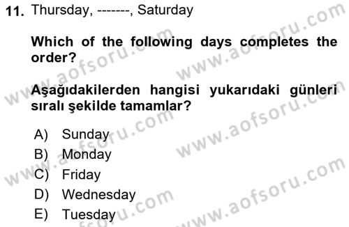 Ingilizce 1 Dersi 2024 - 2025 Yılı (Vize) Ara Sınav Soruları 11. Soru