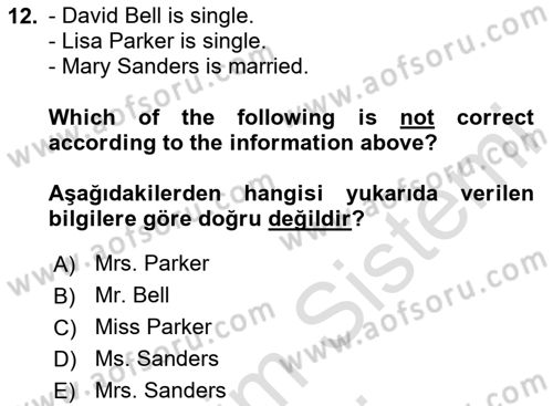 Ingilizce 1 Dersi 2024 - 2025 Yılı (Vize) Ara Sınav Soruları 12. Soru