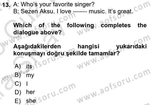 Ingilizce 1 Dersi 2024 - 2025 Yılı (Vize) Ara Sınav Soruları 13. Soru