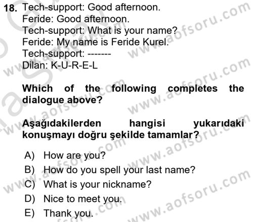 Ingilizce 1 Dersi 2024 - 2025 Yılı (Vize) Ara Sınav Soruları 18. Soru