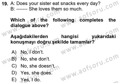 Ingilizce 1 Dersi 2024 - 2025 Yılı (Vize) Ara Sınav Soruları 19. Soru
