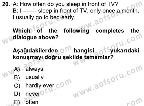 Ingilizce 1 Dersi 2024 - 2025 Yılı (Vize) Ara Sınav Soruları 20. Soru