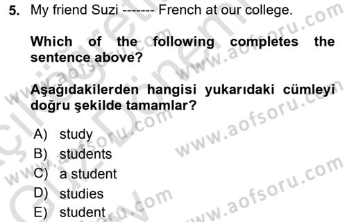 Ingilizce 1 Dersi 2024 - 2025 Yılı (Vize) Ara Sınav Soruları 5. Soru