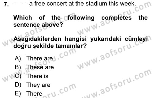 Ingilizce 1 Dersi 2024 - 2025 Yılı (Vize) Ara Sınav Soruları 7. Soru