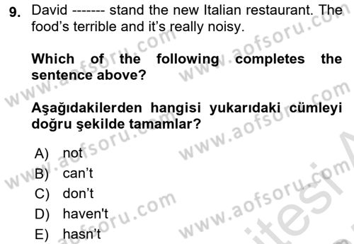 Ingilizce 1 Dersi 2024 - 2025 Yılı (Vize) Ara Sınavı 9. Soru
