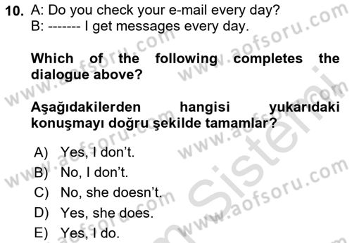 Ingilizce 1 Dersi 2024 - 2025 Yılı (Final) Dönem Sonu Sınav Soruları 10. Soru