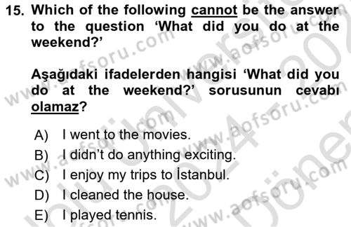 Ingilizce 1 Dersi 2024 - 2025 Yılı (Final) Dönem Sonu Sınav Soruları 15. Soru