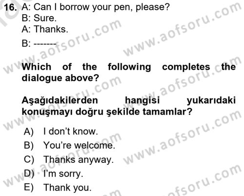 Ingilizce 1 Dersi 2024 - 2025 Yılı (Final) Dönem Sonu Sınav Soruları 16. Soru